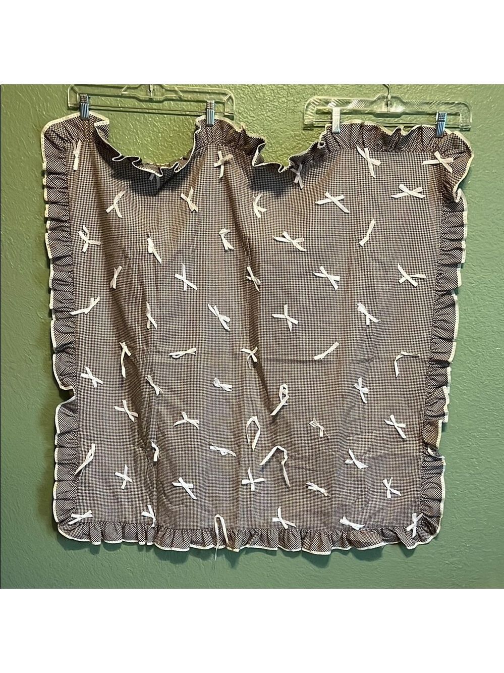 Vintage Handmade Quilt Brown Gingham Ruffled Baby Quilt Tablecloth White Lace